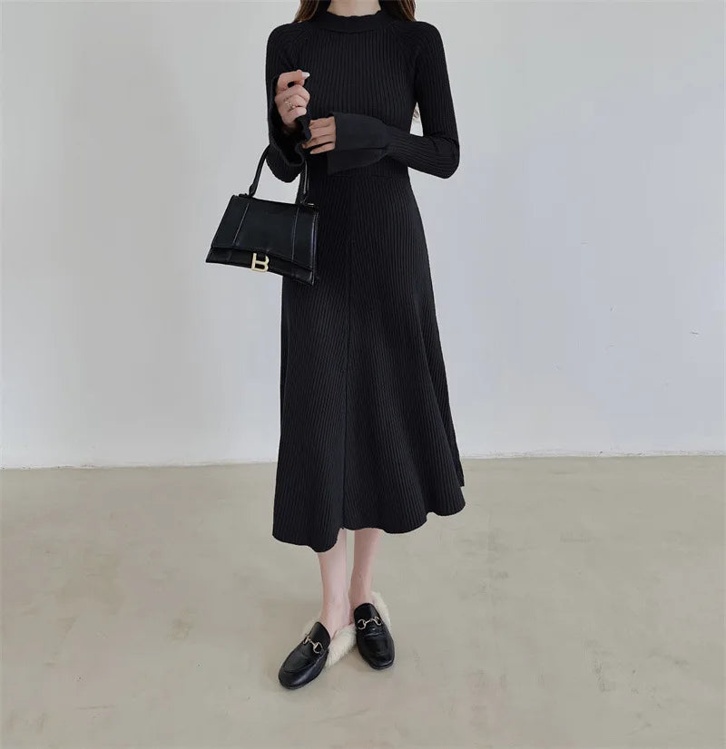 Elegant V-Neck Knitted Dress Slimming Long Skirt High Waist Bell Sleeve Unique Design Autumn Winter Women's Fashion Dress