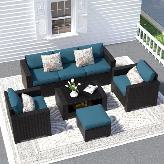 7 Piece Patio Furniture Set, Wicker Outdoor Sectional Sofa with Washable Cushion Covers and Tempered Glass Table, Rattan Convers