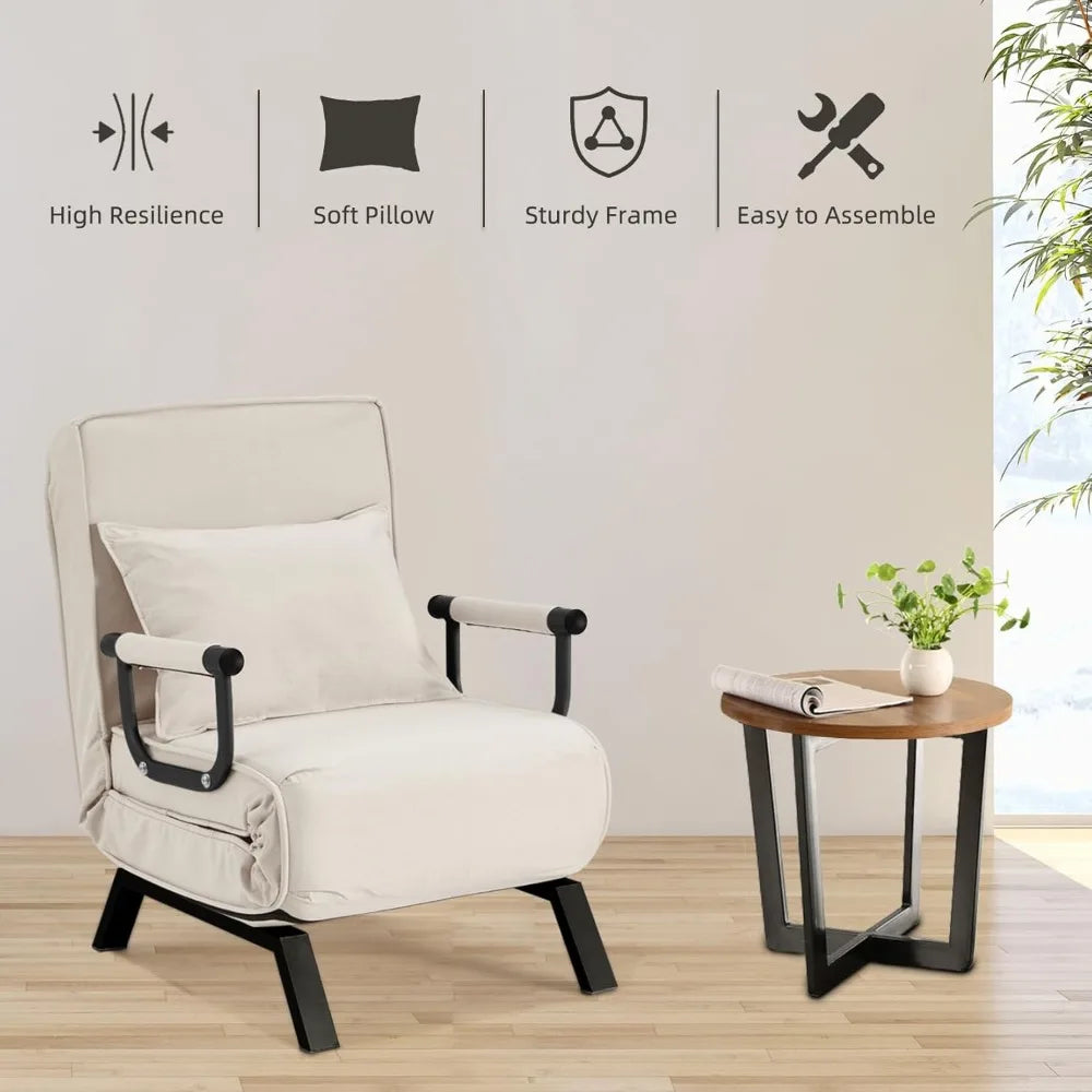 Convertible Bed Sleeper Chair,Tri-fold Upholstered Armchair Sleeper with Pillow,Folding Leisure Chaise Lounge Couch with 6 Angle