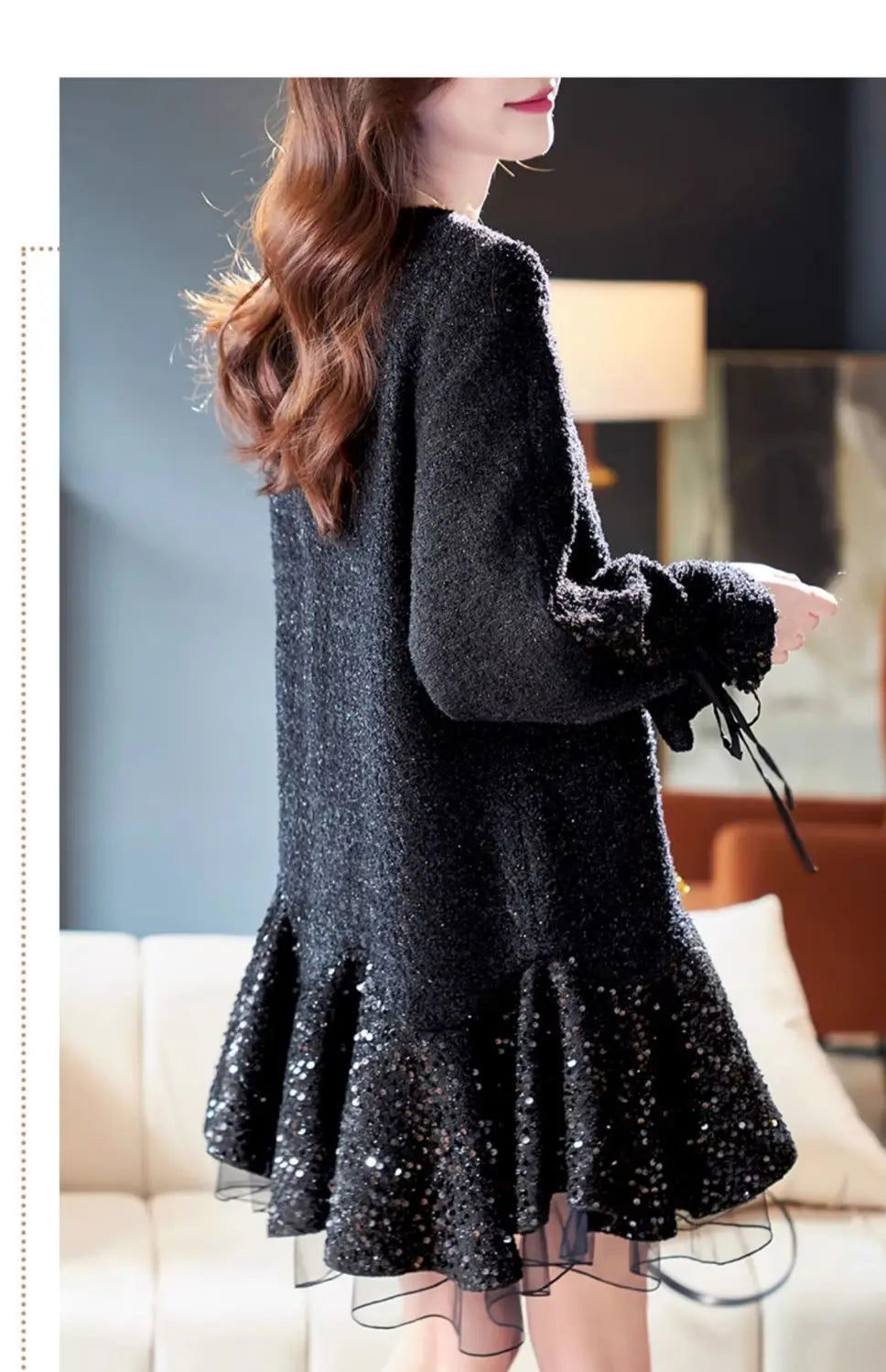 Autumn New Fashion Office Lady Mini Dress Elegant O-Neck Lantern Sleeve High Waist Sequined Lace Slim A-Line Party