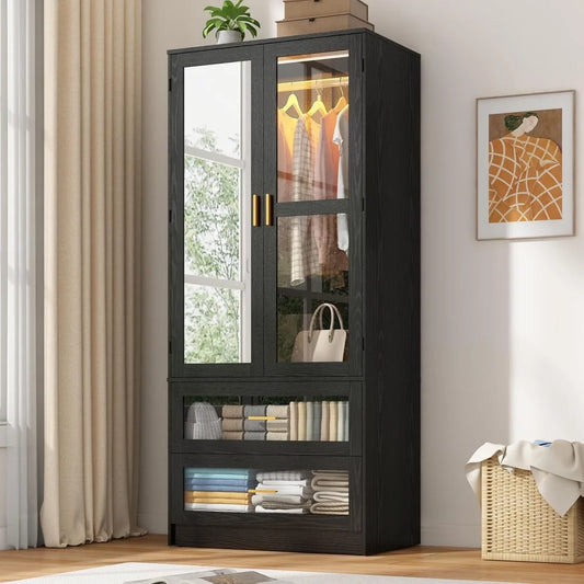 2 Doors Armoire Wardrobe Closet with LED and Mirror,71" H Freestanding Wooden Wardrobe Closet Cabinet for Bedroom w 2 Drawers,Wo