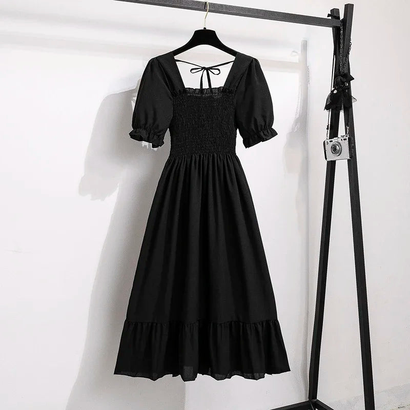 Spring Summer Chiffon Dresses Fashion Female Elastic Waist Short Sleeve Pleated Casual Dress Women A-line Dresses