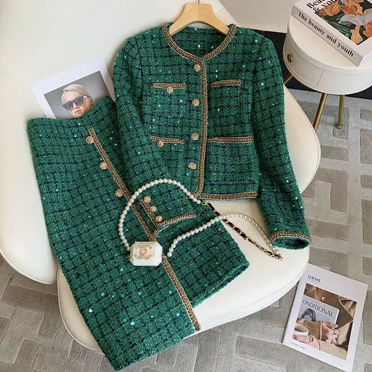Vintage High-Waisted Tweed Jacket With Green Sequins Women's Autumn/Winter 2024 New Side Slit Skirt Fashion Green Sequins Tweed