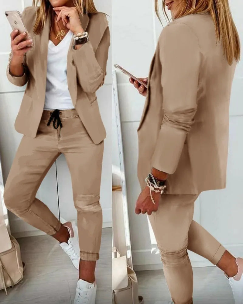 2024 New European and American Leisure Solid Color Commuting Fashion Leisure Set, Suit and Women's Wear Set