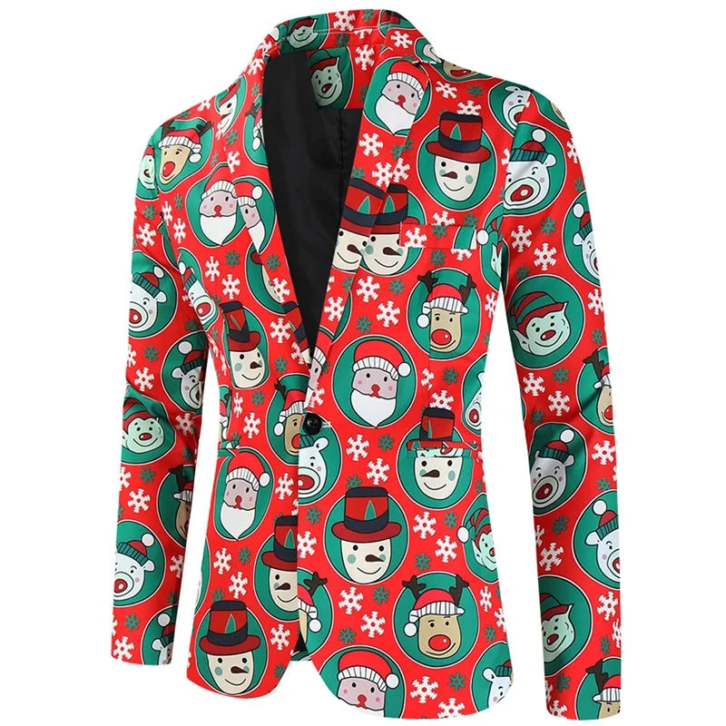 Men Christmas 3Pcs Suit Cartoon Print Long Sleeve Single Breasted Jacket with Vest Pants