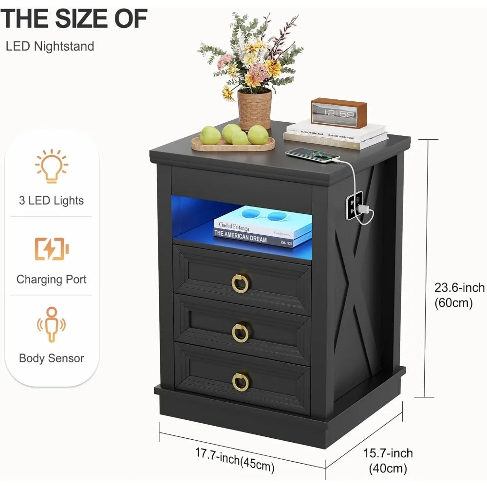 Farmhouse Nightstand Set 2 with Gun Drawer,Bedside Table with Charging Station and Human Body Senor,3 LED Lights Night Stand