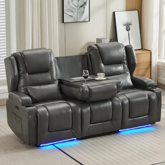 Loveseat Recliner Sofa with Power Recline, Adjustable Split Back, Multi-Port Charger, Flip-Up Backrest & LED Lighting – Home Th