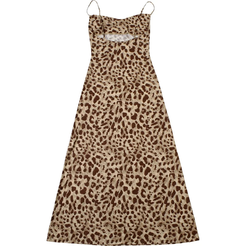 Weird Puss Leopard Print Dress Woman Summer Sexy Swing Collar Spaghetti Straps Backless Ruffles Party Clubwear Skinny