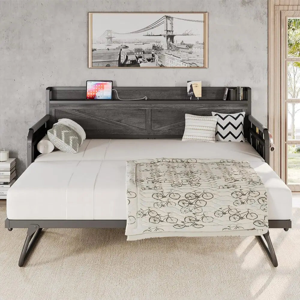 LIKIMIO Twin Daybed with Trundle Bed, Storage Headboard with Charging USB Station, Sofa Day Bed with Strong Supports for Bedroom