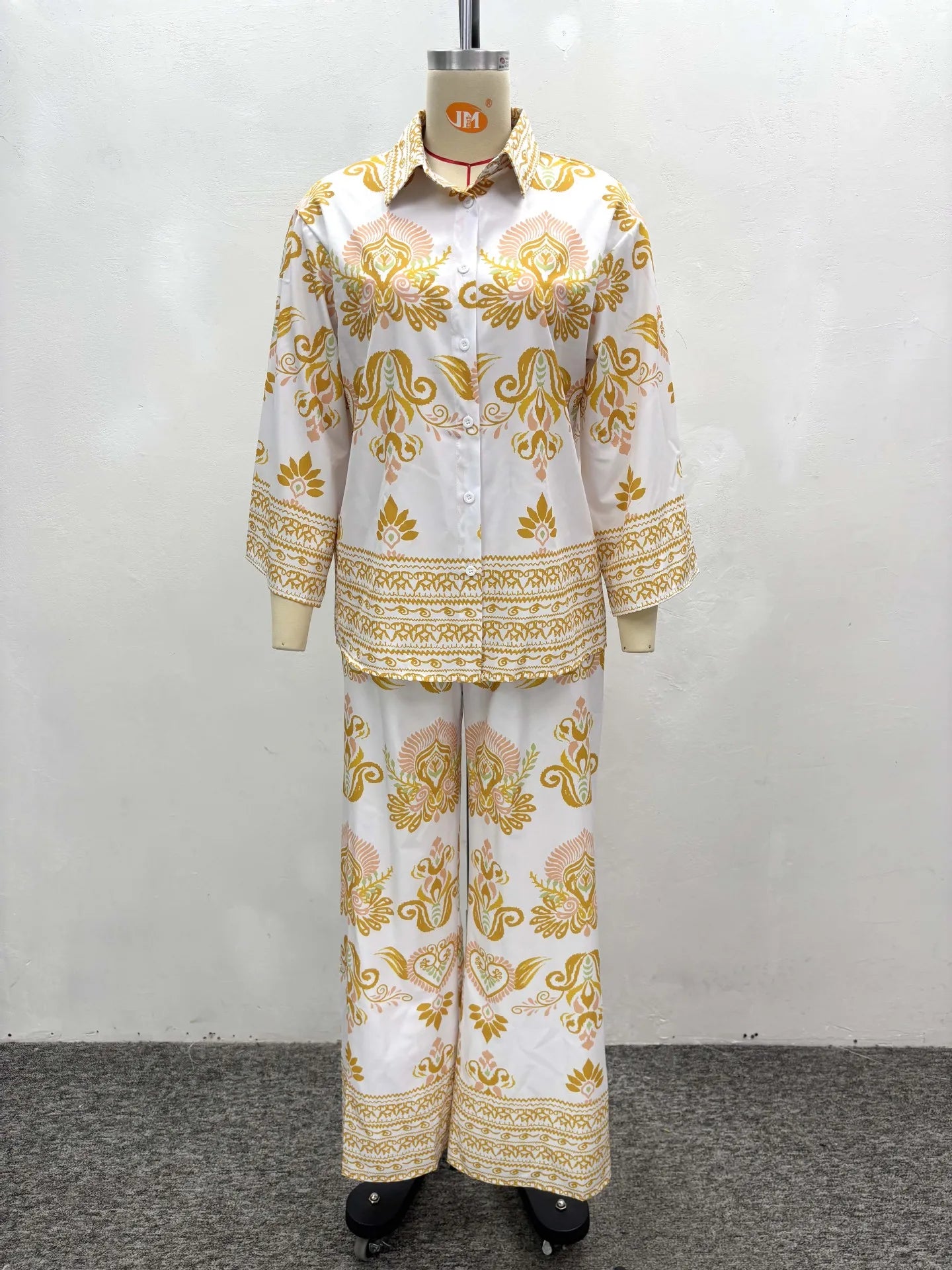 Women Two Pieces Pant Sets Printing Matching Sets Long Sleeves Button Turn Down Collar Top Elastic Waist Pants Loose 2025 Summer