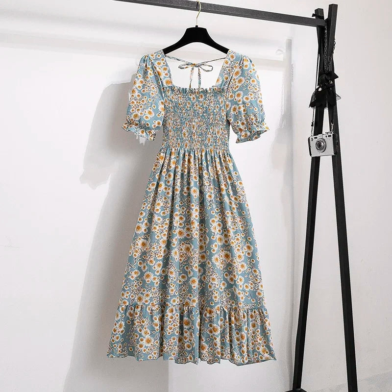 Spring Summer Chiffon Dresses Fashion Female Elastic Waist Short Sleeve Pleated Casual Dress Women A-line Dresses