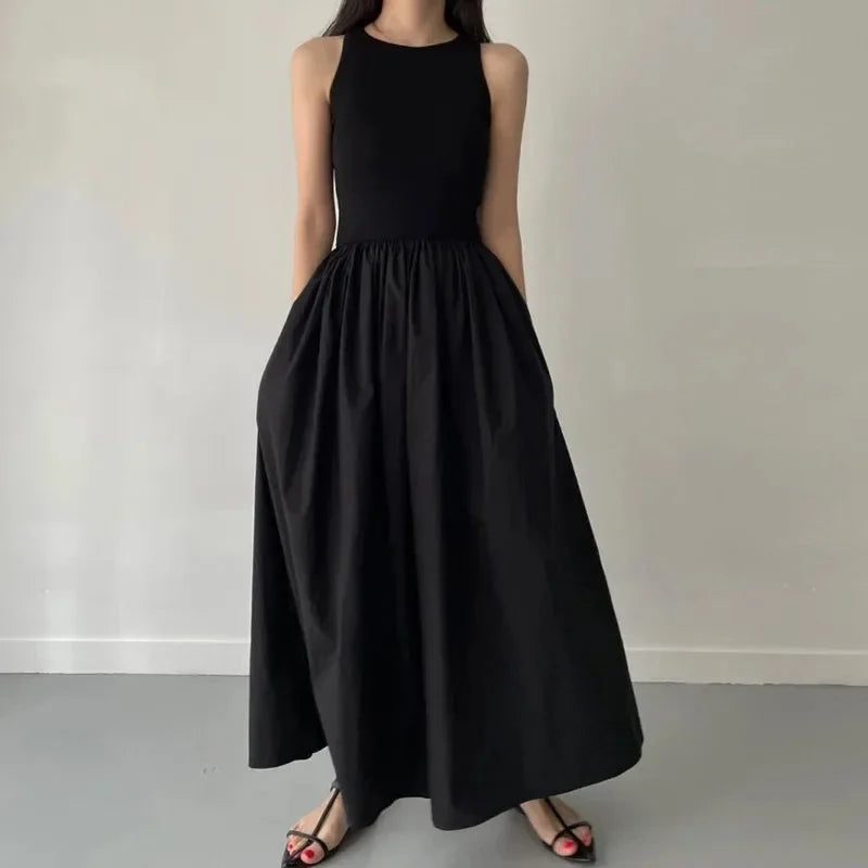 Simple Elegant Black Long Dresses For Women Round Neck Sleeveless