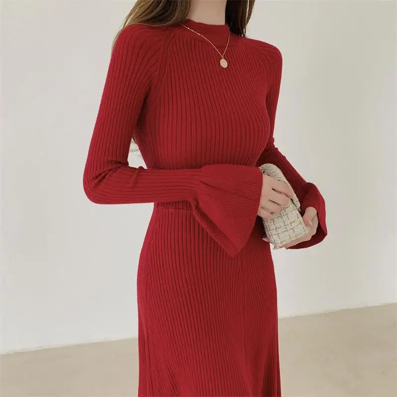 Elegant V-Neck Knitted Dress Slimming Long Skirt High Waist Bell Sleeve Unique Design Autumn Winter Women's Fashion Dress