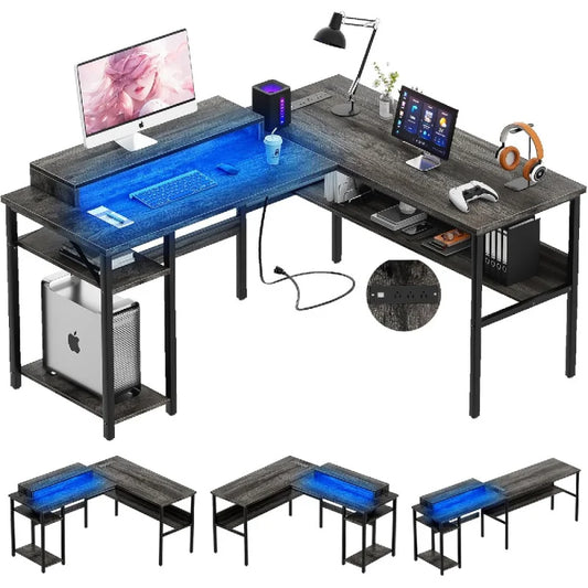 Reversible L Shaped Desk with Power Outlets and RGB LED Light, Sturdy Computer Desk with Ergonomic Monitor Stand and Storage