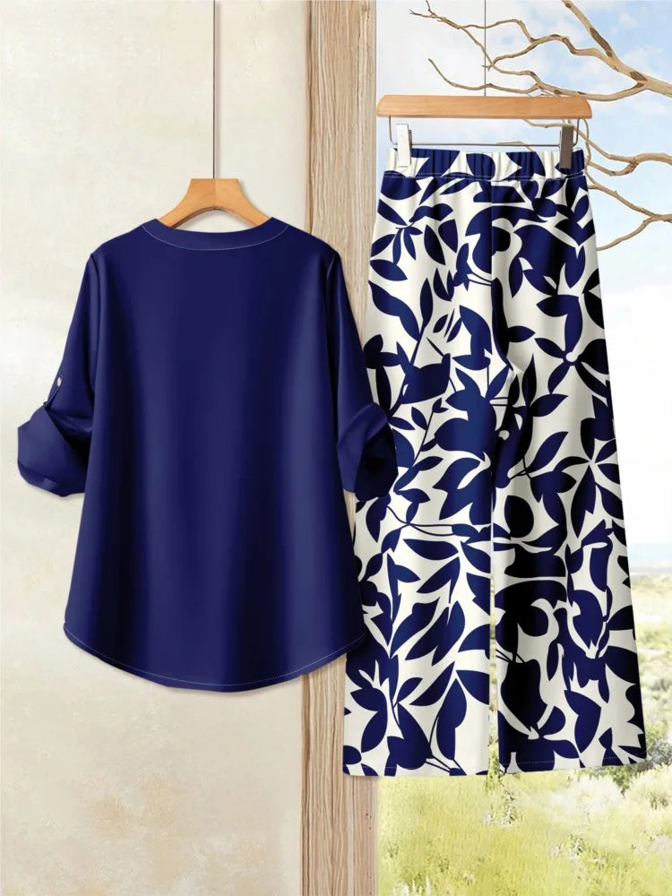 V Neck Button Elegant Loose Office Party 2 Pieces Set For Woman