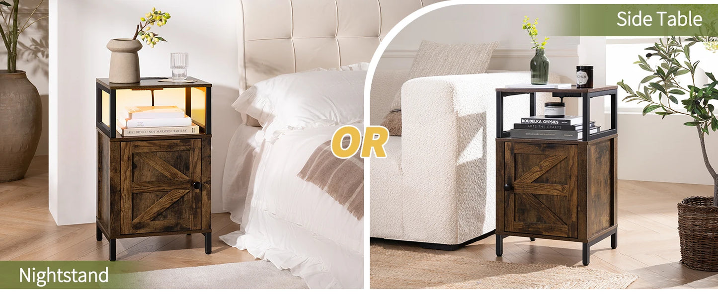 Farmhouse Nightstand with Charging Station, Wood Night Stand End Table with USB Ports, LED Bed Side Table with Storage Cabinet,