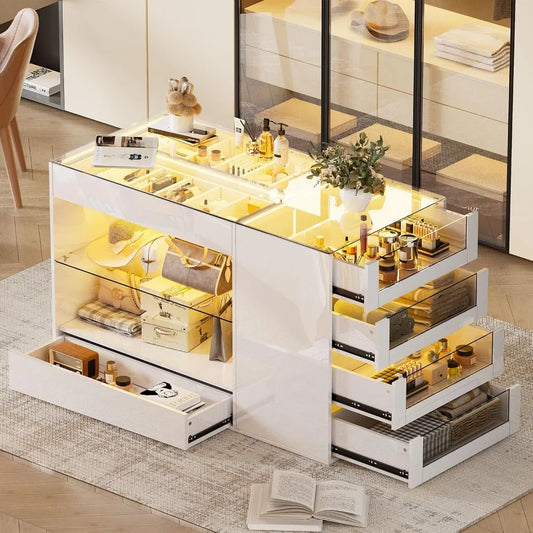 Closet Island with Drawers, Glossy Wardrobe Armoire Bedroom Island, Makeup Vanity Storage Island with Glass Tabletop&LED Light,