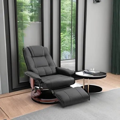 Faux Leather Manual Recliner, Adjustable Swivel Lounge Chair with Footrest, Armrest and Wrapped Wood Base for Living Room, Black