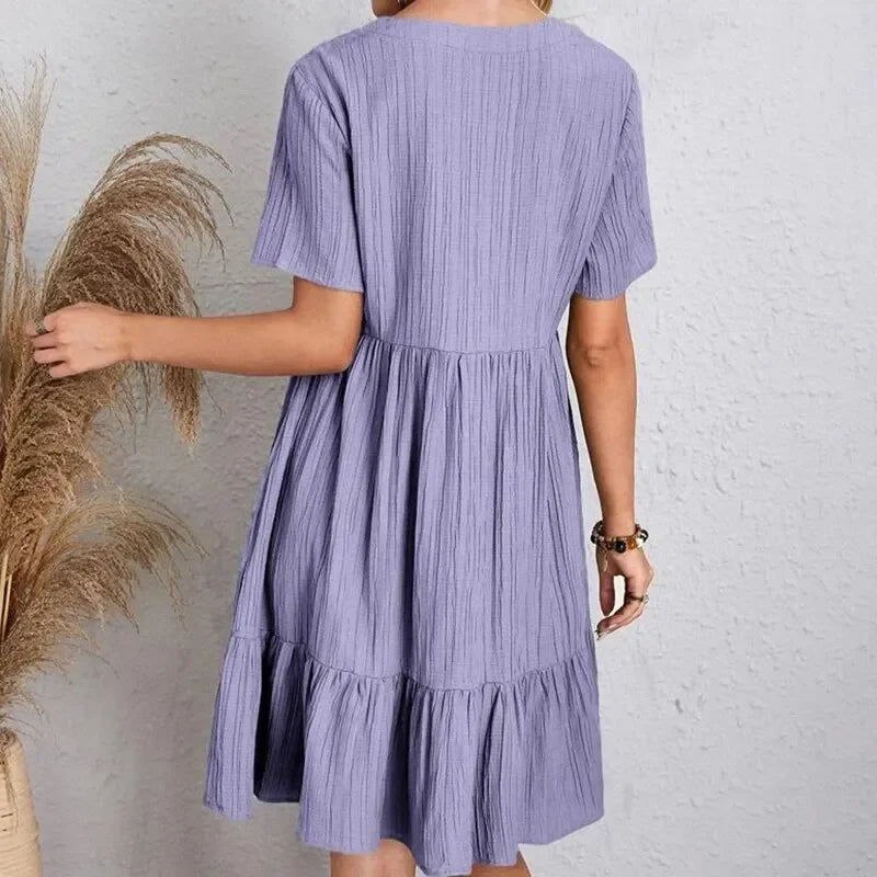 Women  Peplum Dresses Spring V-Neck Short Sleeve Loose Waist Ruffle Fit Flare Vocation Dresses