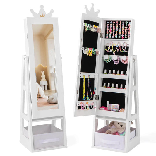 Kids Jewelry Cabinet w/ Full-Length Mirror Foldable Drawer Anti-toppling System