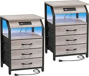 End Tables Set of 2, Nightstands with Charging Station and LED Lights, 3 Drawers Fabric Dressers, Storage Side Tables for Bedsid
