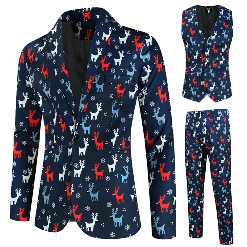 Men Christmas 3Pcs Suit Cartoon Print Long Sleeve Single Breasted Jacket with Vest Pants