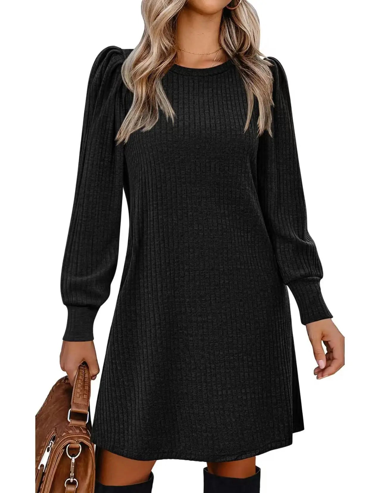Fashionable women's knitted puffed-sleeve long-sleeved autumn and winter round-neck casual loose dress with pockets