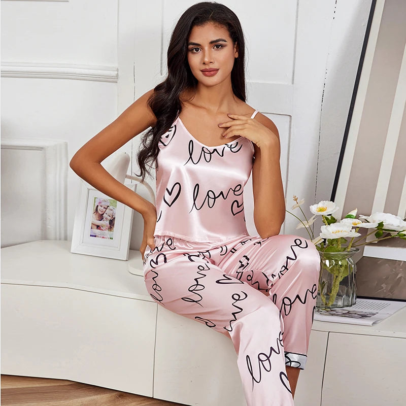 Women Satin Silk Pajamas Sets Letter Print Cami Vest Shirt