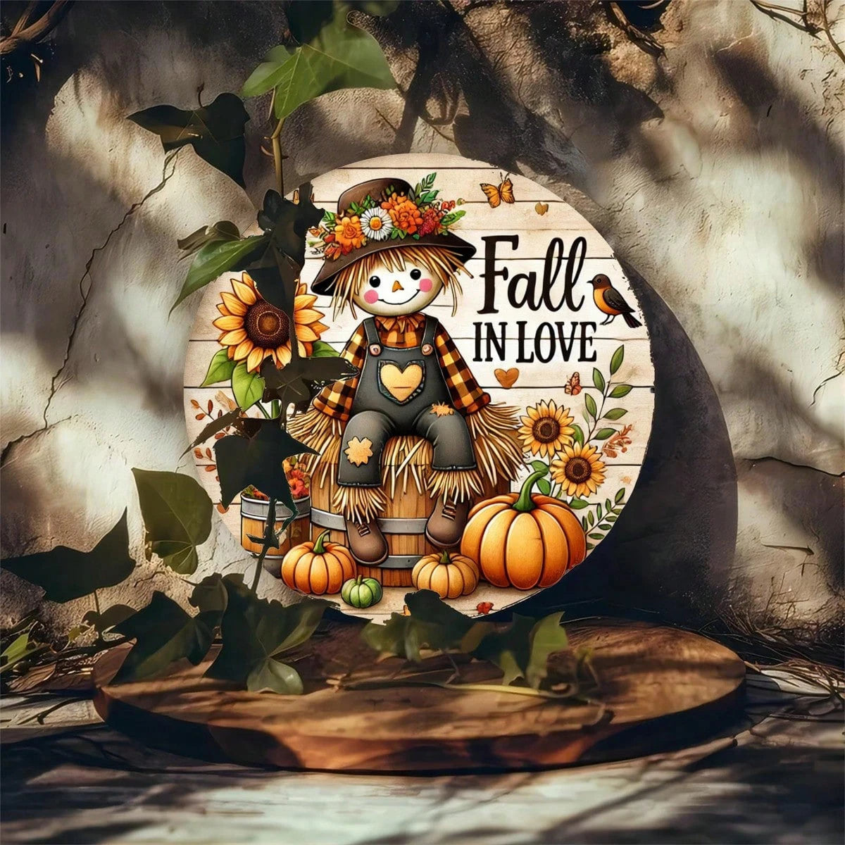 Rustic Fall Harvest Round wooden board Sign, 2D Pumpkin & Scarecrow Themed Decor, Wall, Home, Room, Garage, Garden, Cafe Decor