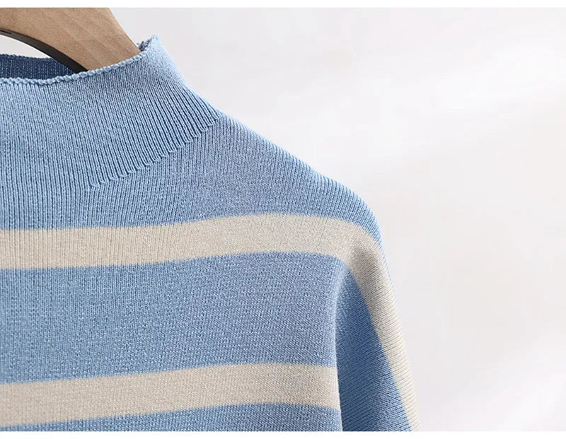 Loose Knitwear 2 Pieces Sets Women Striped Long Sleeve Knit Pullover Tops Conjuntos Korean High Waist Wide Leg Pants Tracksuit