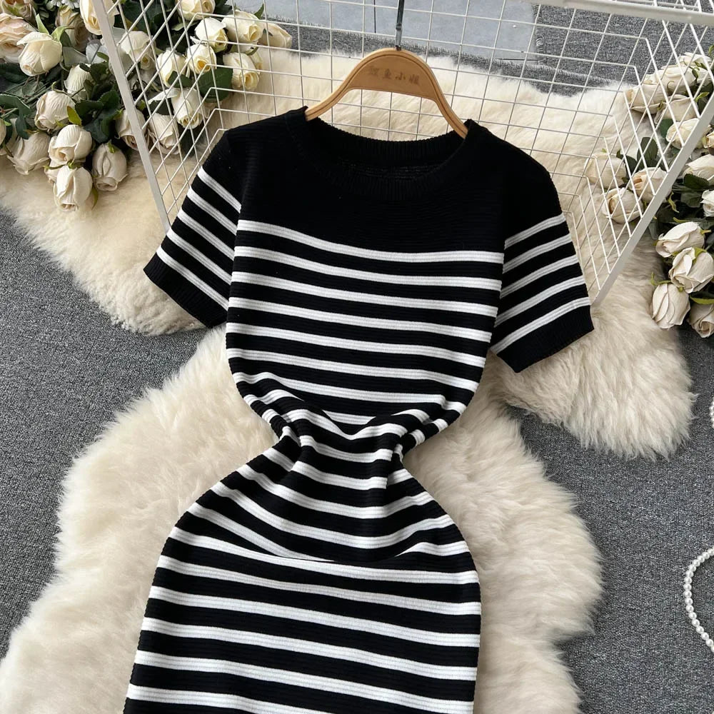 Knitted Dress O Neck Short Sleeves Chic Hotsweet Slim Sundress Streetwear Y2K Bodycon Midi Dress