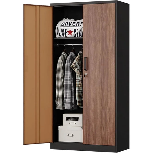 Metal Wardrobe Cabinet with Locking Doors, Metal Storage Armoire Closet for Clothing, 2 Door Woodgrain Locker Cabinet with Adju
