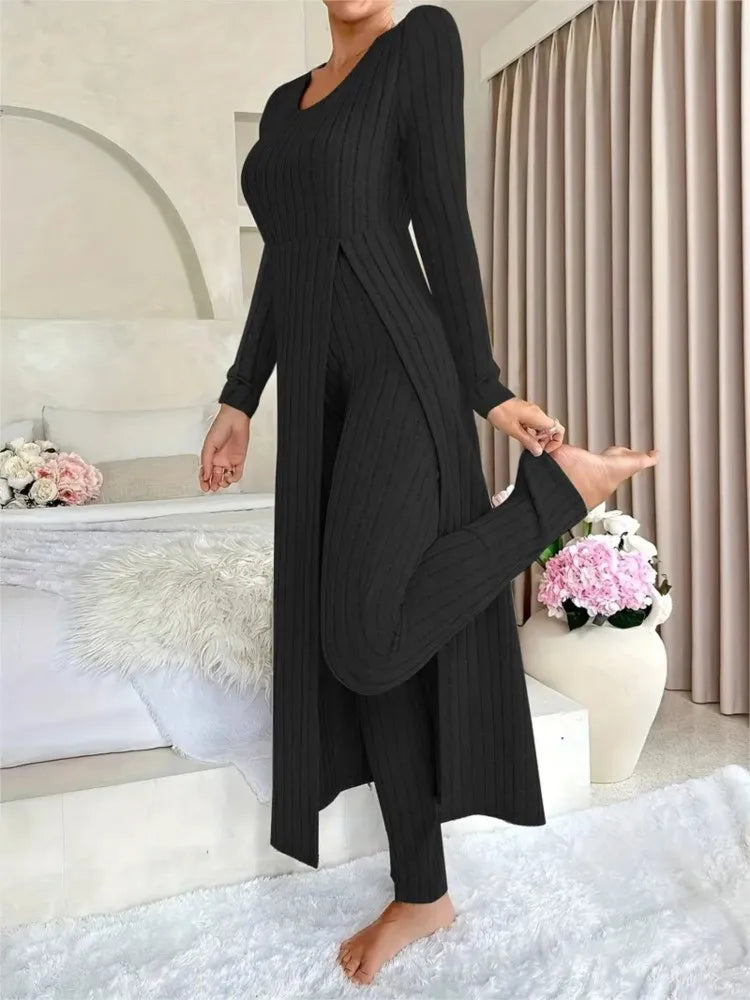 Autumn Casual Solid Set For Women Fashion O Neck Long Tops+High Waist Slim Pants 2 Piece Sets Lady Holiday Women's Clothing New