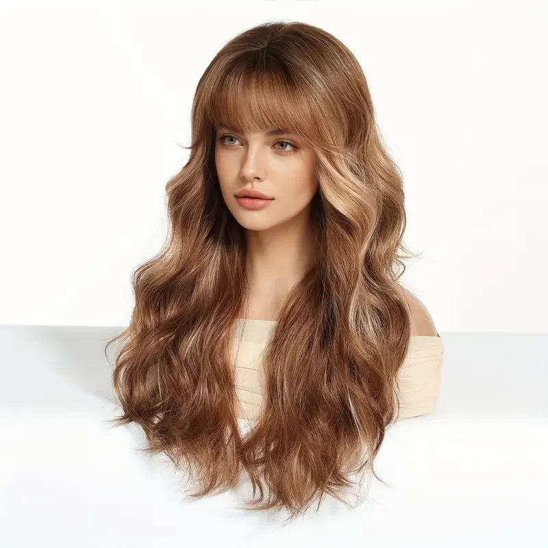 LOUIS FERRE Brown Blonde Highlights Wigs For Women Daily Long Wavy Curly Synthetic Wigs Natural Heat Resistant Hair With Bangs