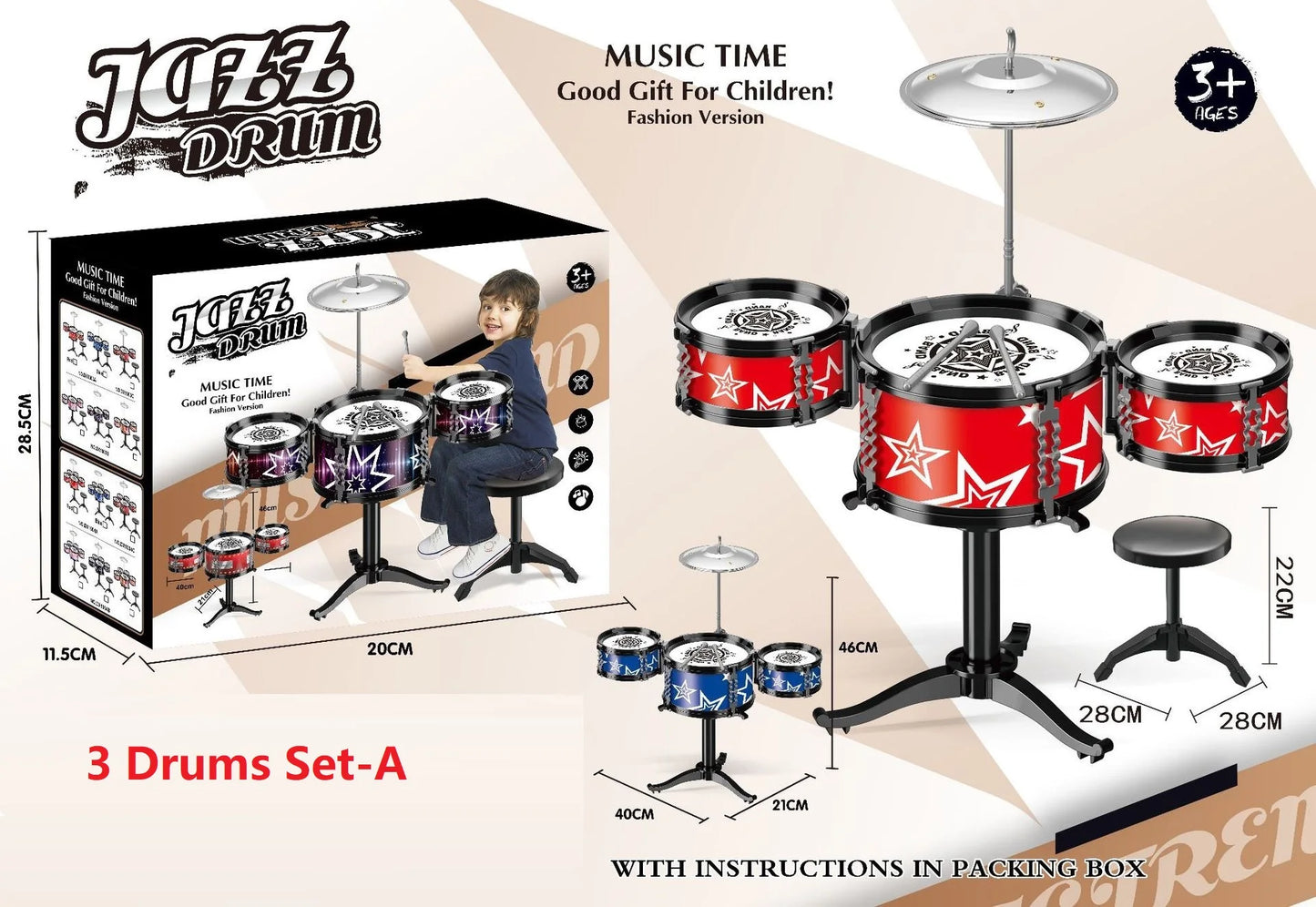 Jazz Drum Set for Kids 3 Drums / 5 Drums with Small Stool Drum Stick Set Music Instrument Educational Toys for Beginners Gifts