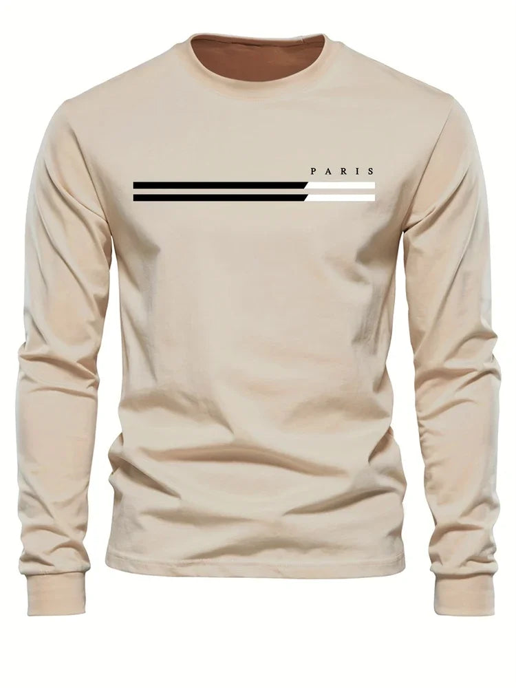 Men's Spring And Fall Fashion Casual Long-sleeved T-shirt Loose PARIS Letters Printed Pullover Round Neck Long Sleeve Sweatshirt