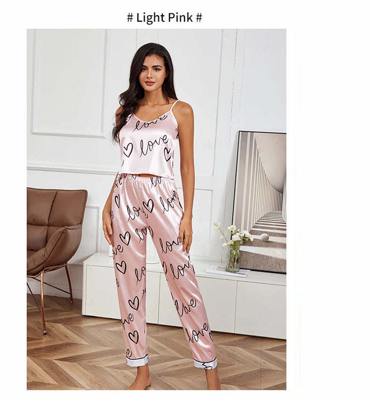 Women Satin Silk Pajamas Sets Letter Print Cami Vest Shirt
