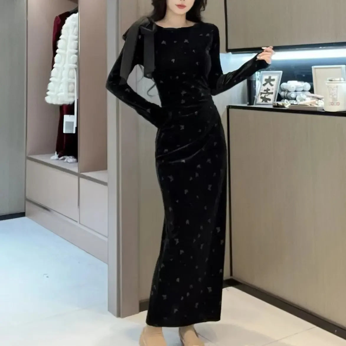 New Autumn Winter Long-sleeved Streamer Printed Floss Dress
