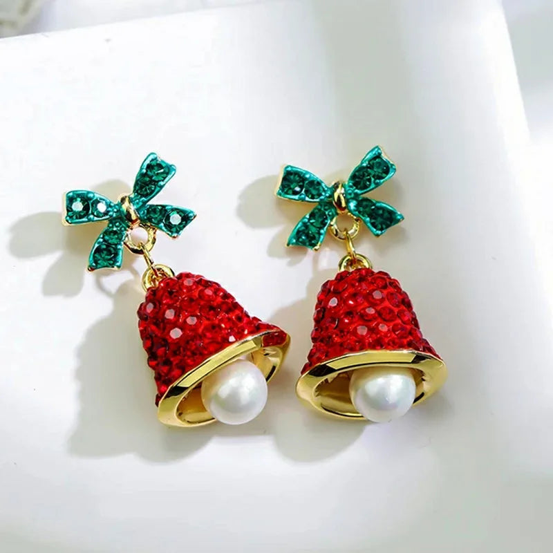 Fashion Christmas Green Bowknot Bell Pendant Earrings