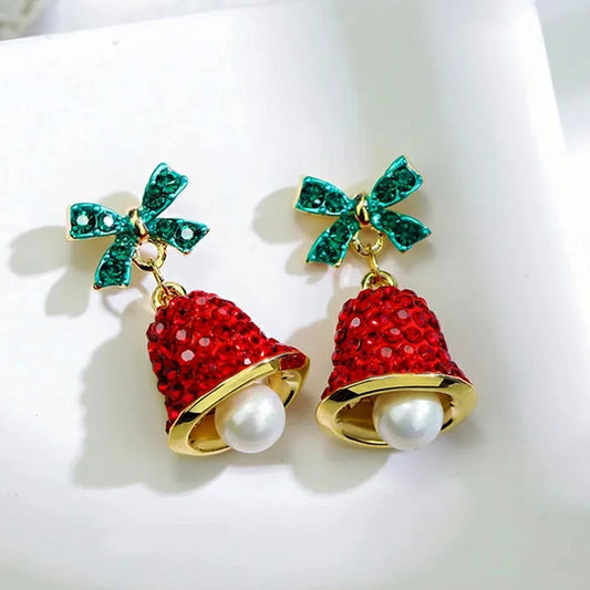 Fashion Christmas Green Bowknot Bell Pendant Earrings