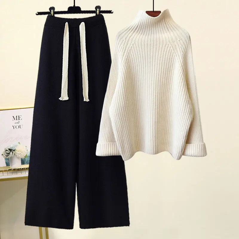 Plus Size Autumn Winter Women's Set New Lazy Style Sweater And Slimming Casual Pants Two Piece Set Trendy Elastic Knitted Fabric