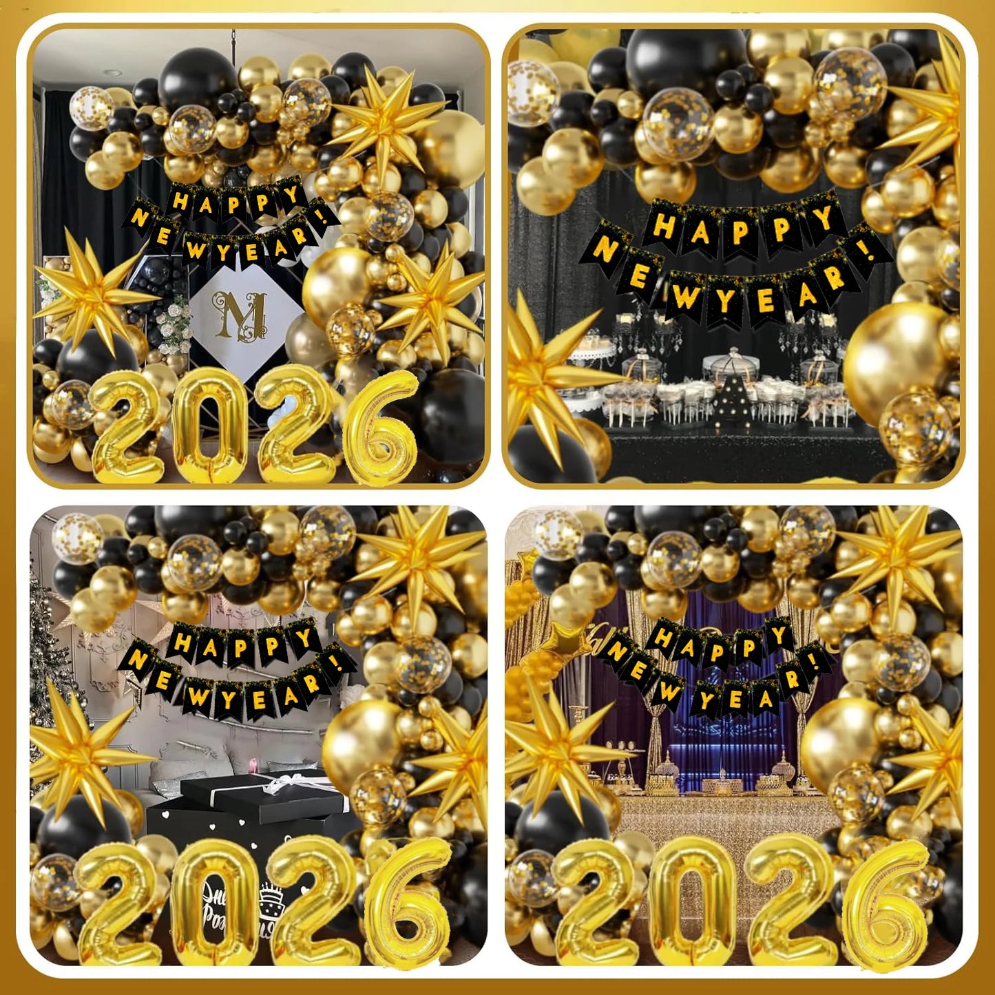 121Pcs 2026 NYE Balloon Arch Kit - Black Gold Balloons & Banner for New Year Party Decorations