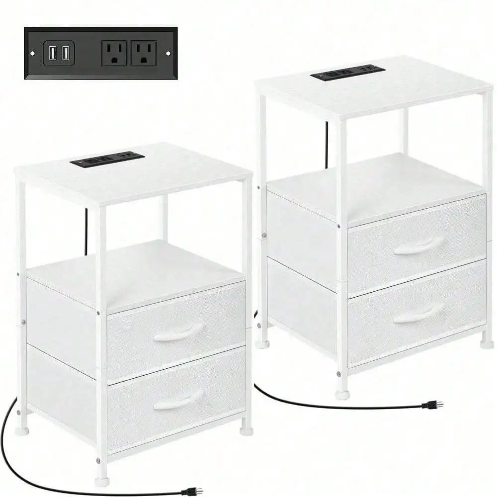 Bedroom Nightstand Set of 2 White End Table w/ Fabric Drawers & Charging Station