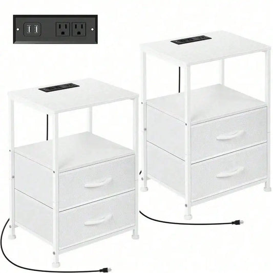 Bedroom Nightstand Set of 2 White End Table w/ Fabric Drawers & Charging Station