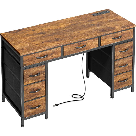 47 Inch Office Desk with Outlets, Computer Desk with 9 Fabric Drawers, Writing Gaming Work Study Desk for Bedroom,