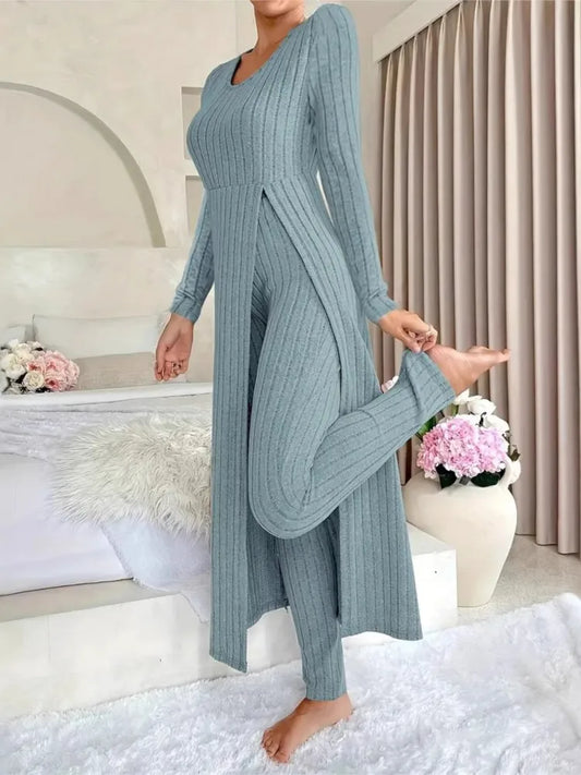 Autumn Casual Solid Set For Women Fashion O Neck Long Tops+High Waist Slim Pants 2 Piece Sets Lady Holiday Women's Clothing New