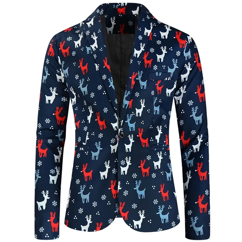 Men Christmas 3Pcs Suit Cartoon Print Long Sleeve Single Breasted Jacket with Vest Pants