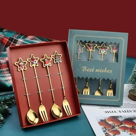 4Pcs Christmas Fork And Spoon Set Stainless Steel Creative Tableware Coffee Tea Dessert Forks And Spoons Gift Set