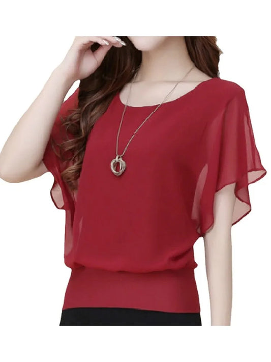 New Summer O Neck Short Sleeve Loose Fashion Chiffon Shirt For Women Top Black Casual Shirts Women Clothes 2025