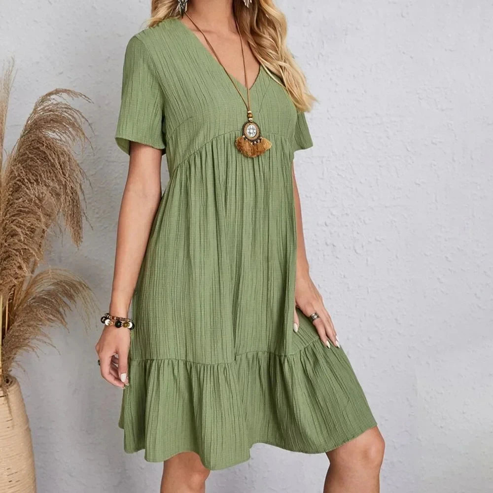 Women  Peplum Dresses Spring V-Neck Short Sleeve Loose Waist Ruffle Fit Flare Vocation Dresses